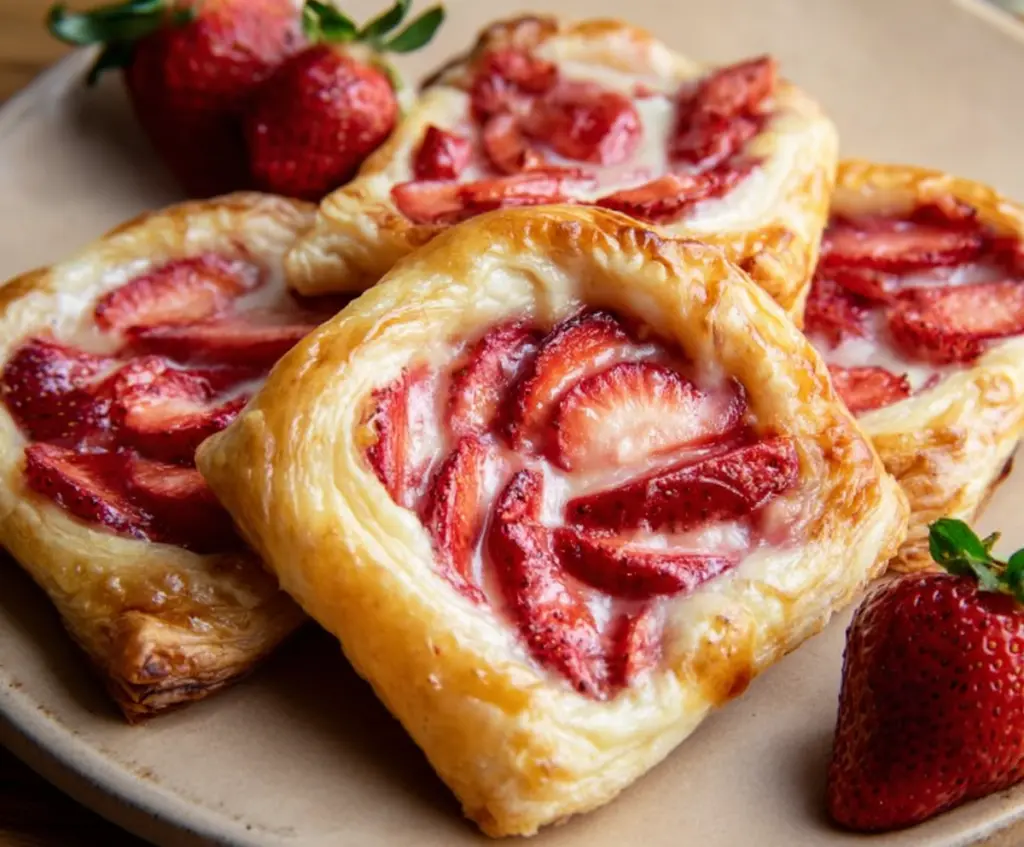 Delicious Strawberry Cream Cheese Danishes with fresh strawberries and creamy filling on a pastry tray.