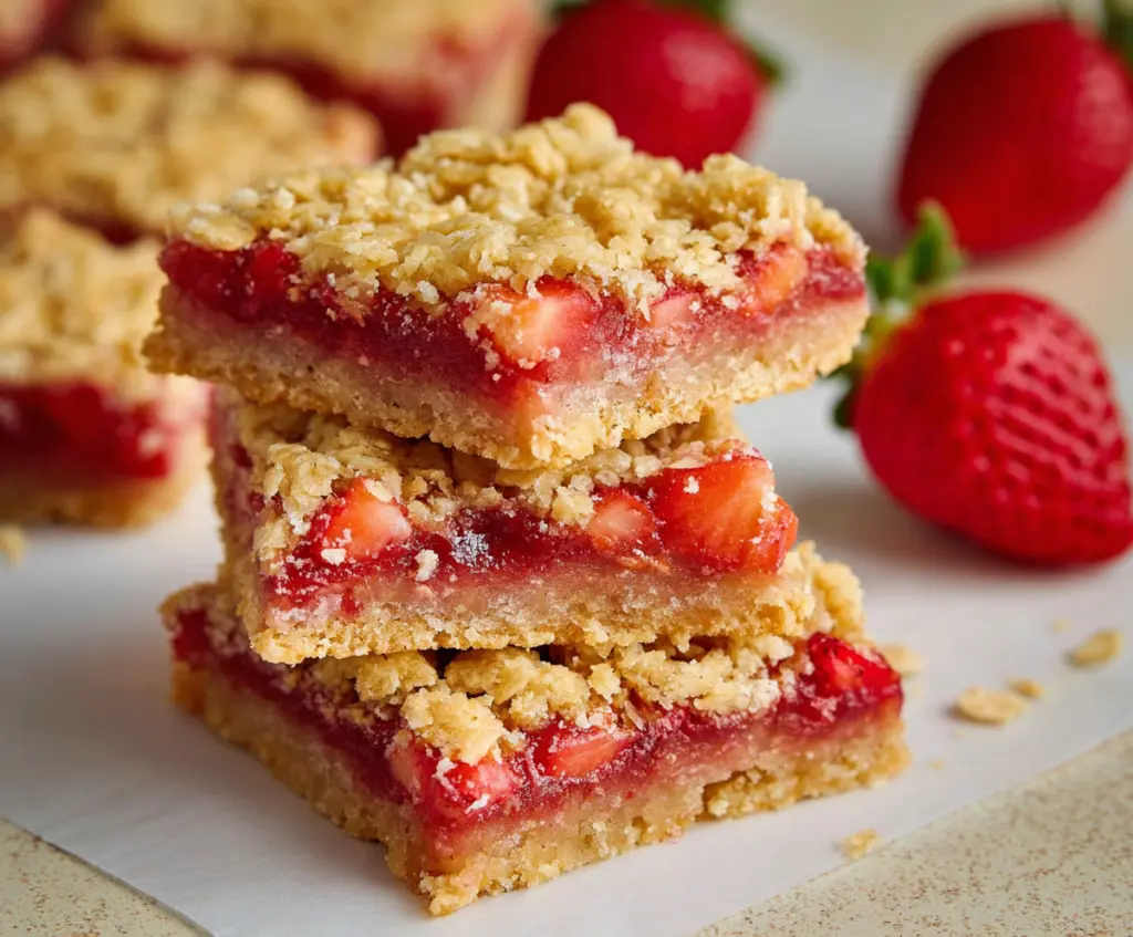 Delicious homemade strawberry oatmeal bars with a golden crust and fresh strawberry filling