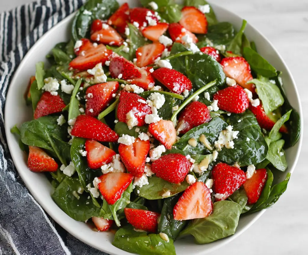 Fresh strawberry spinach salad with crumbled goat cheese and a balsamic glaze