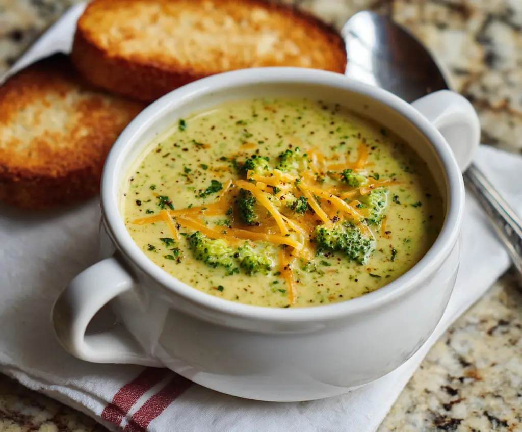 Creamy Broccoli Cheddar Soup in a bowl with fresh broccoli and melted cheddar cheese on top.