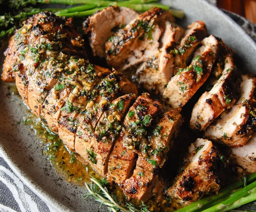 Juicy garlic butter glazed pork tenderloin on a plate, garnished with fresh herbs.