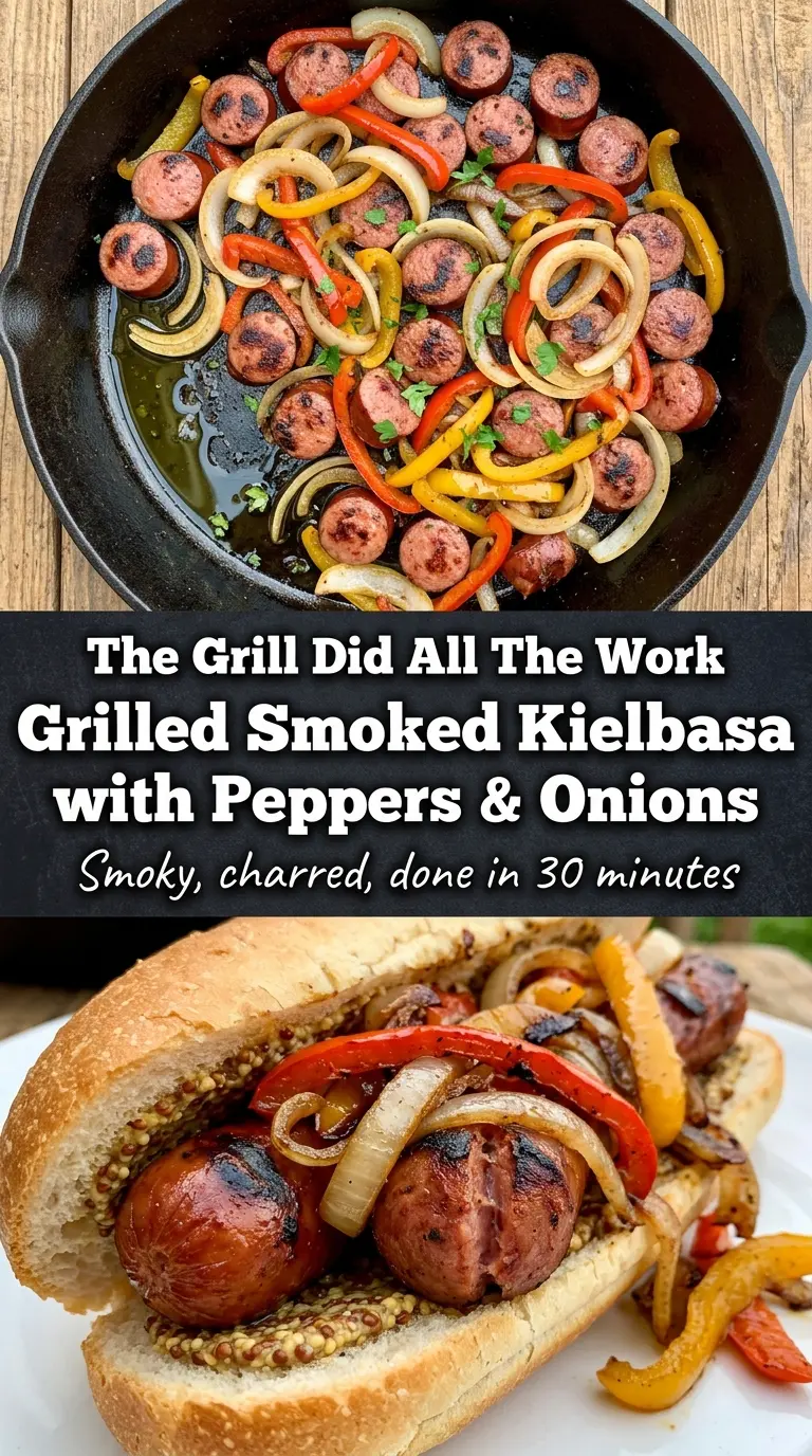 Grilled Smoked Kielbasa with Peppers and Onions smoky charred juicy