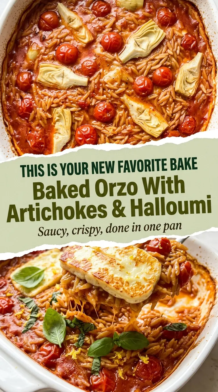 Baked Orzo With Artichokes Tomato and Halloumi golden bubbling Mediterranean