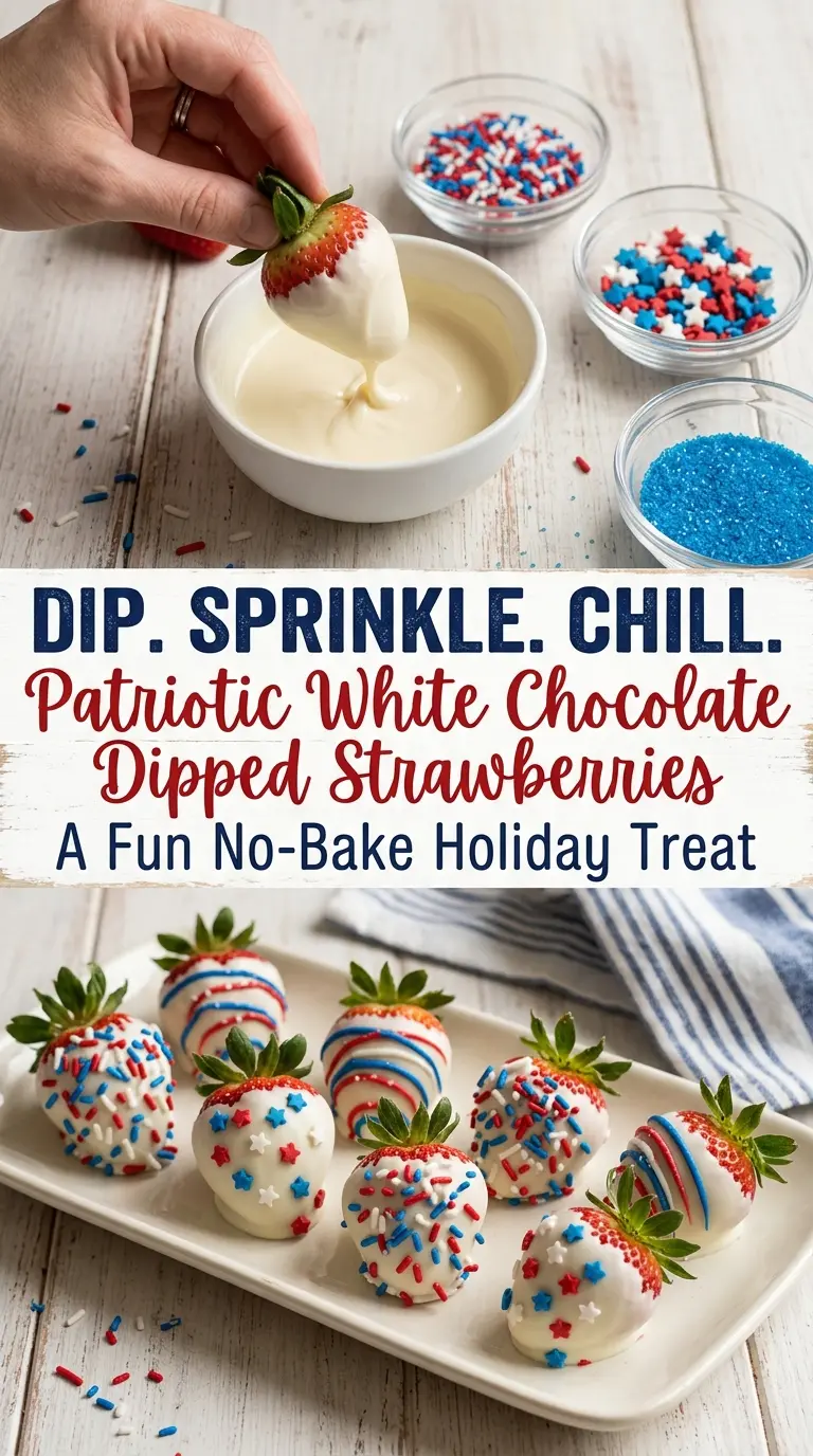 Patriotic White Chocolate Dipped Strawberries with Sprinkles festive red white blue