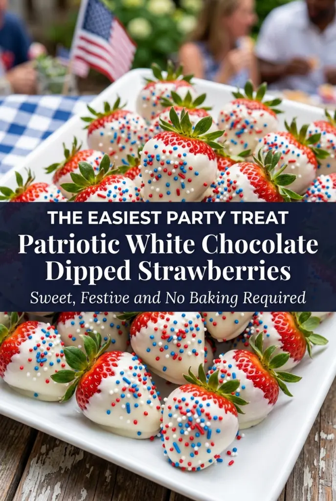 Patriotic White Chocolate Dipped Strawberries with Sprinkles