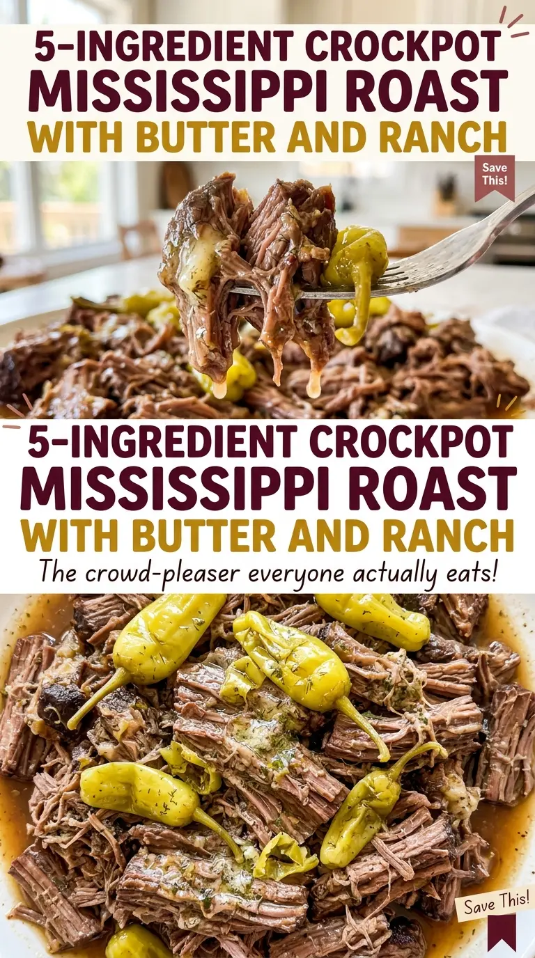 5-Ingredient Crockpot Mississippi Roast with Butter and Ranch, buttery pepperoncini beef