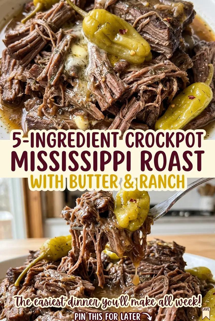 5-Ingredient Crockpot Mississippi Roast with Butter and Ranch, tender shredded beef