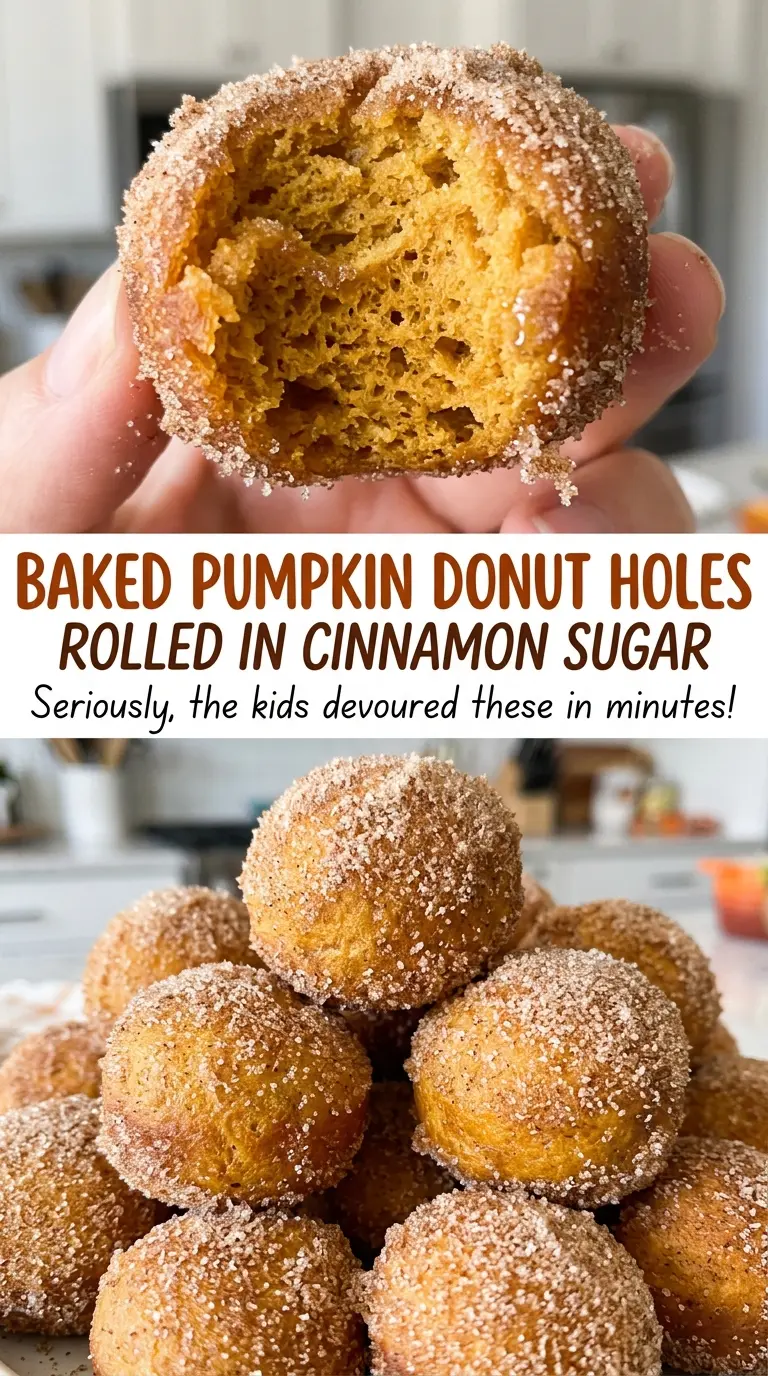 Baked pumpkin donut holes rolled in cinnamon sugar, soft and spiced