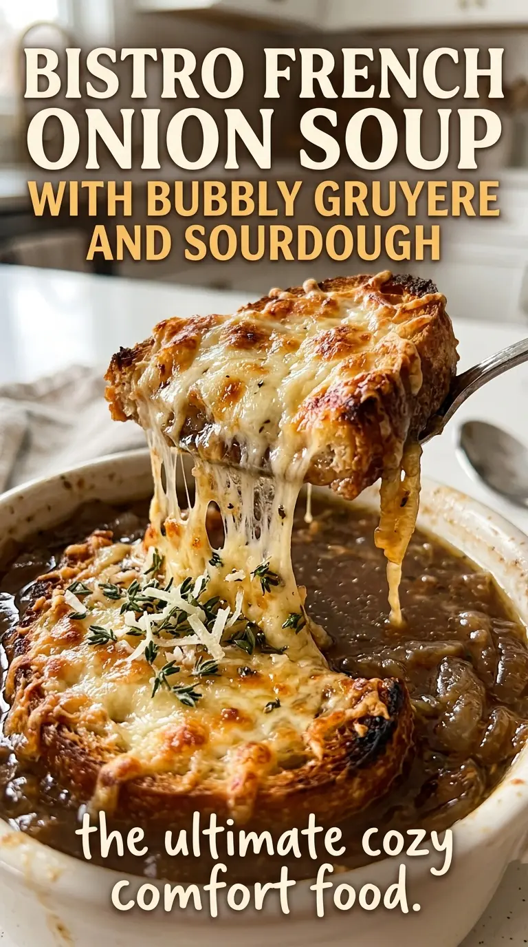 Bistro French onion soup with bubbly Gruyere and sourdough, golden and bubbling