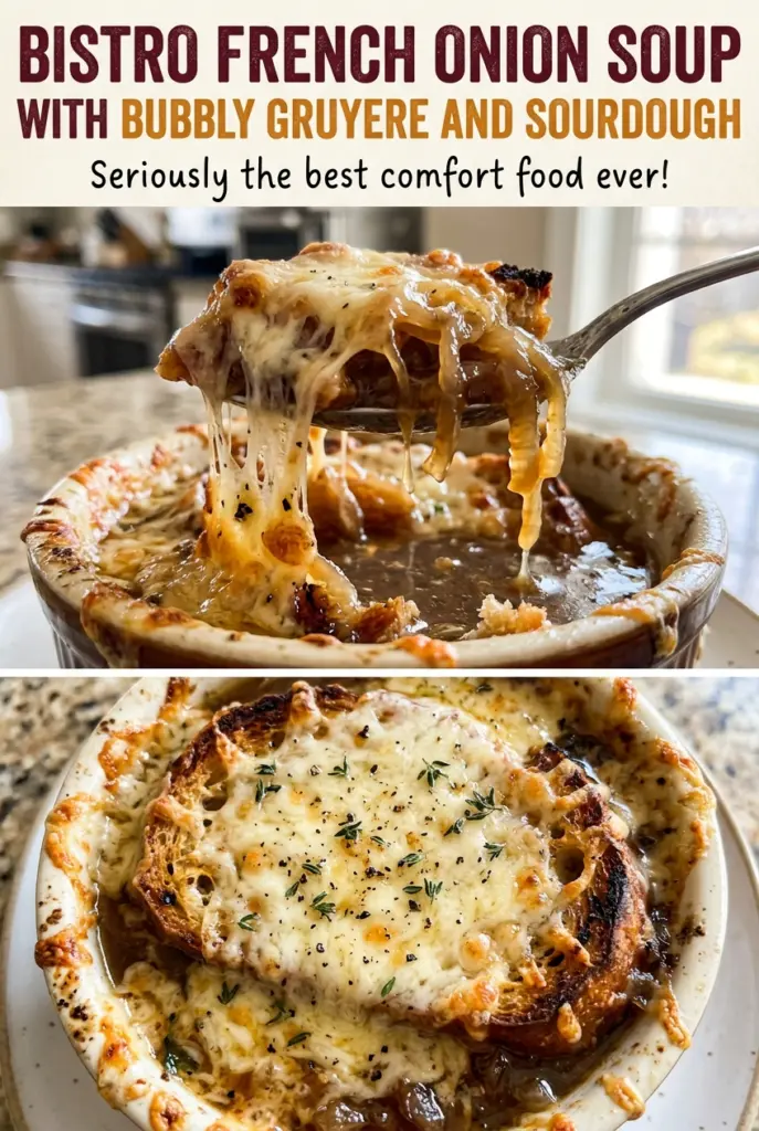 Bistro French Onion Soup with Bubbly Gruyere and Sourdough