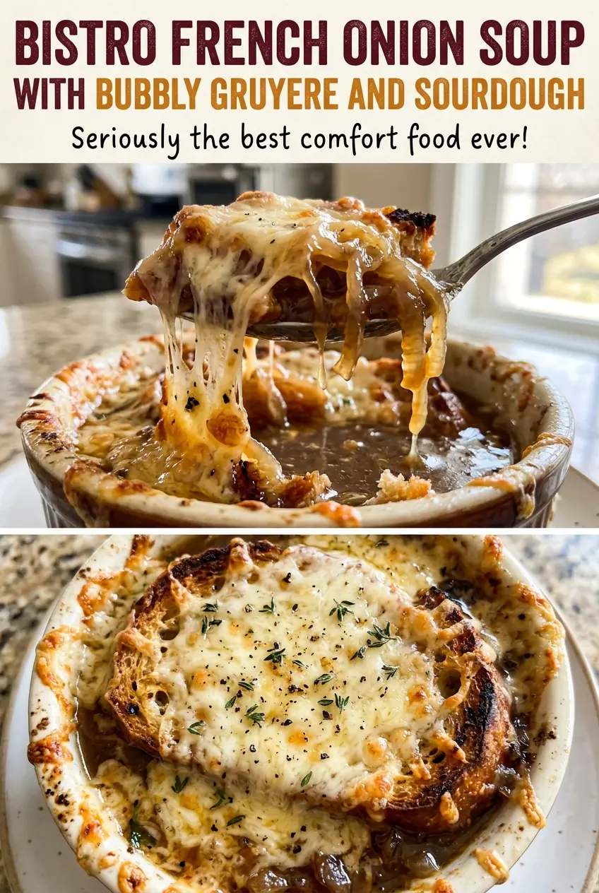 Bistro French onion soup with bubbly Gruyere and sourdough, golden and bubbling