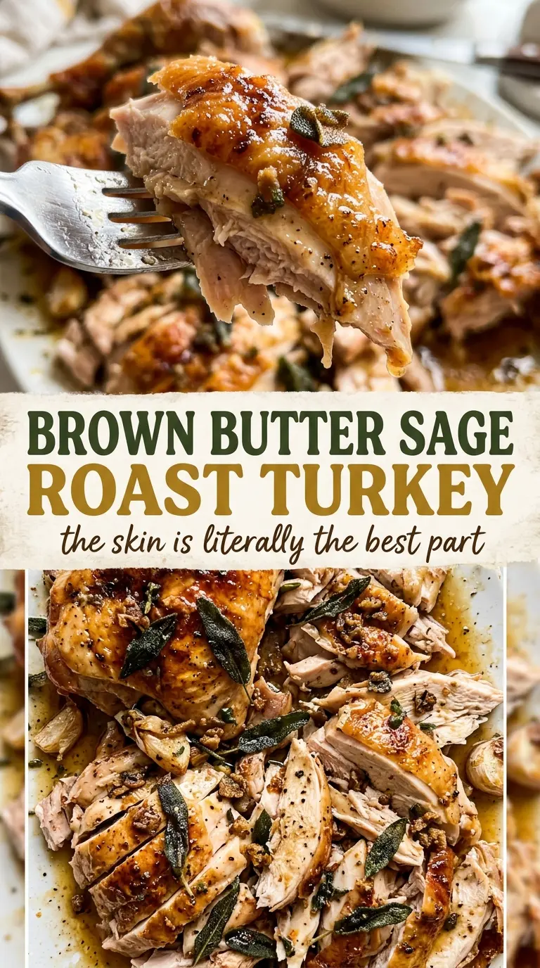 Brown Butter Sage Roast Turkey carved and golden