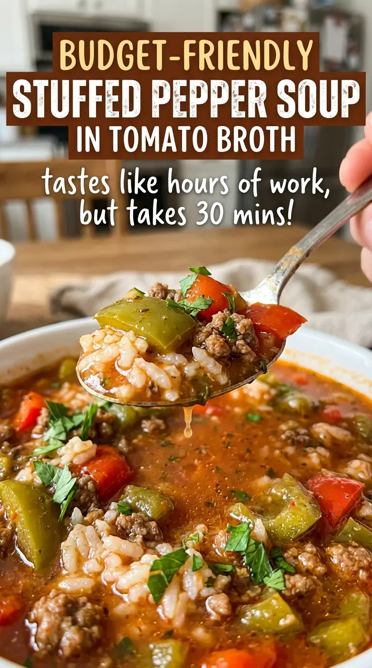 Budget-Friendly Stuffed Pepper Soup in Tomato Broth, cozy pepper beef