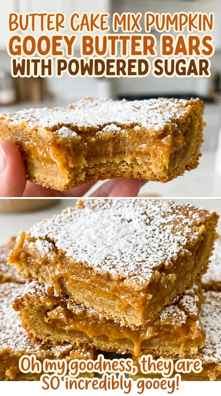 Butter Cake Mix Pumpkin Gooey Butter Bars with Powdered Sugar, soft centered squares