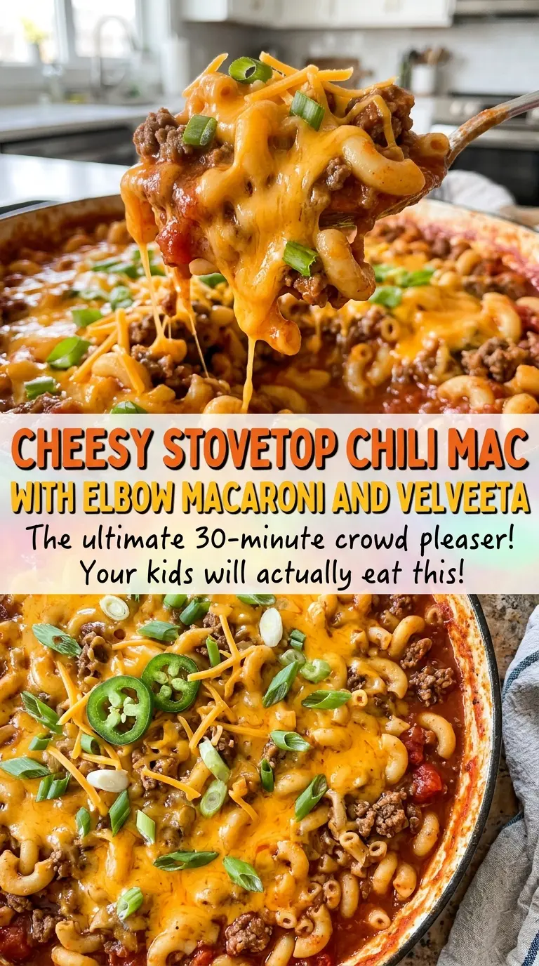Cheesy stovetop chili mac with elbow macaroni and Velveeta, cheesy and hearty