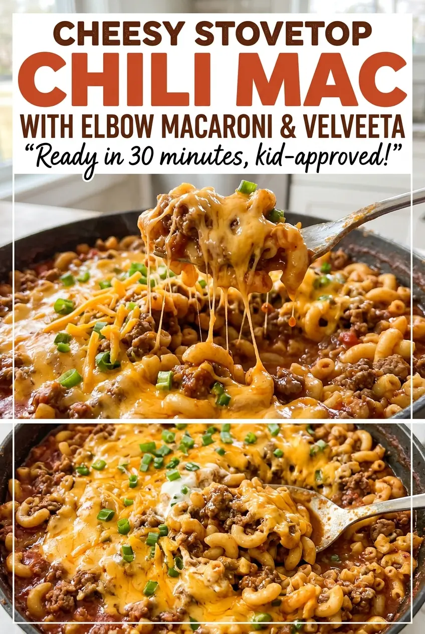 Cheesy stovetop chili mac with elbow macaroni and Velveeta, saucy and hearty