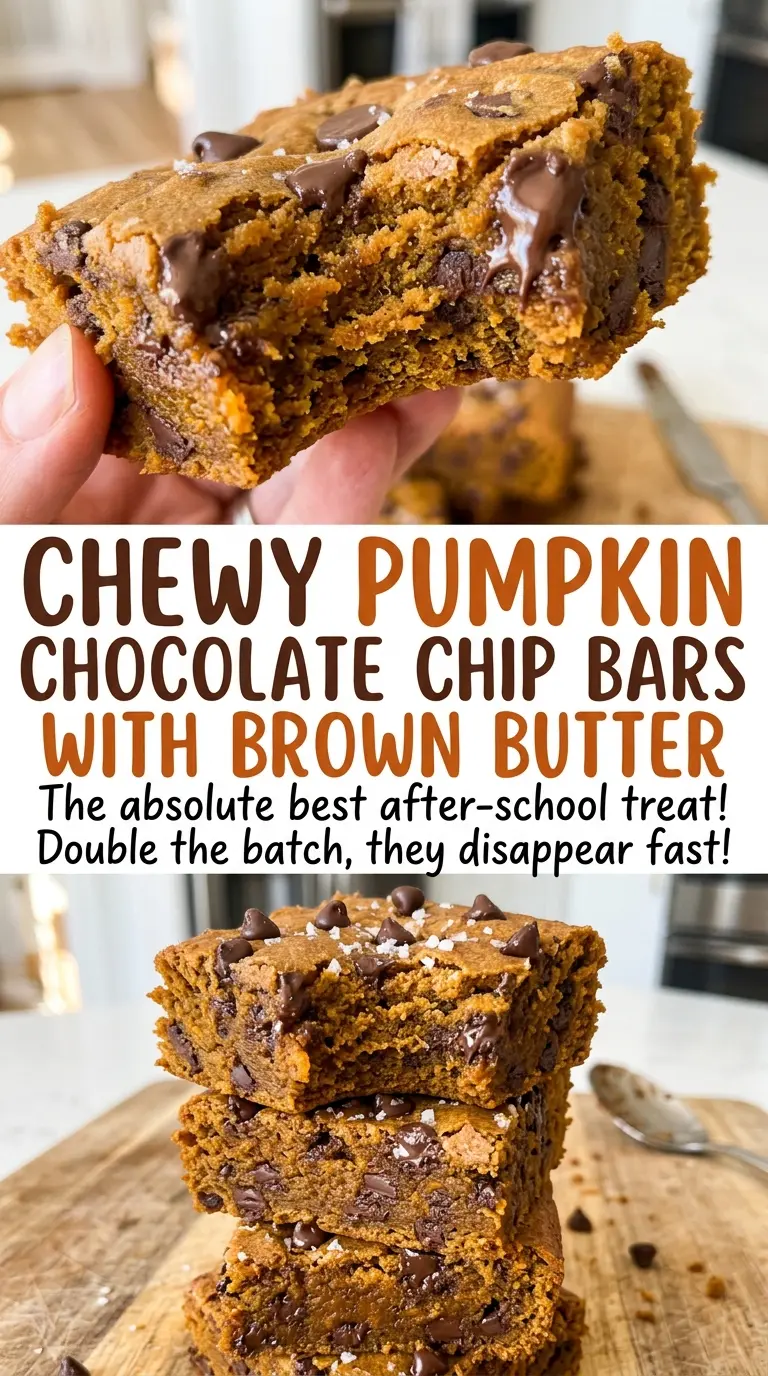 Chewy Pumpkin Chocolate Chip Bars with Brown Butter, soft-centered squares