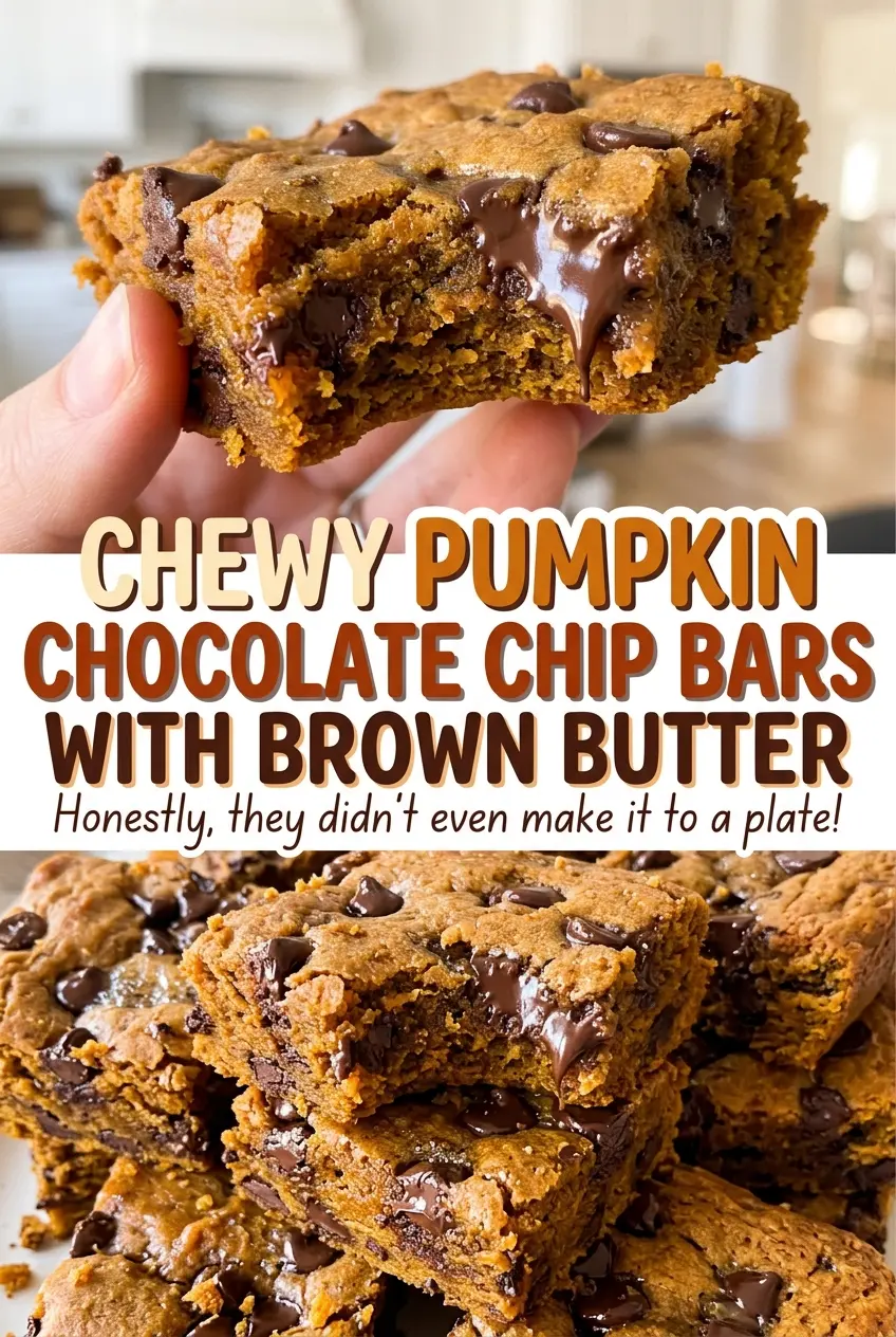 Chewy Pumpkin Chocolate Chip Bars with Brown Butter, golden chocolate-studded bars