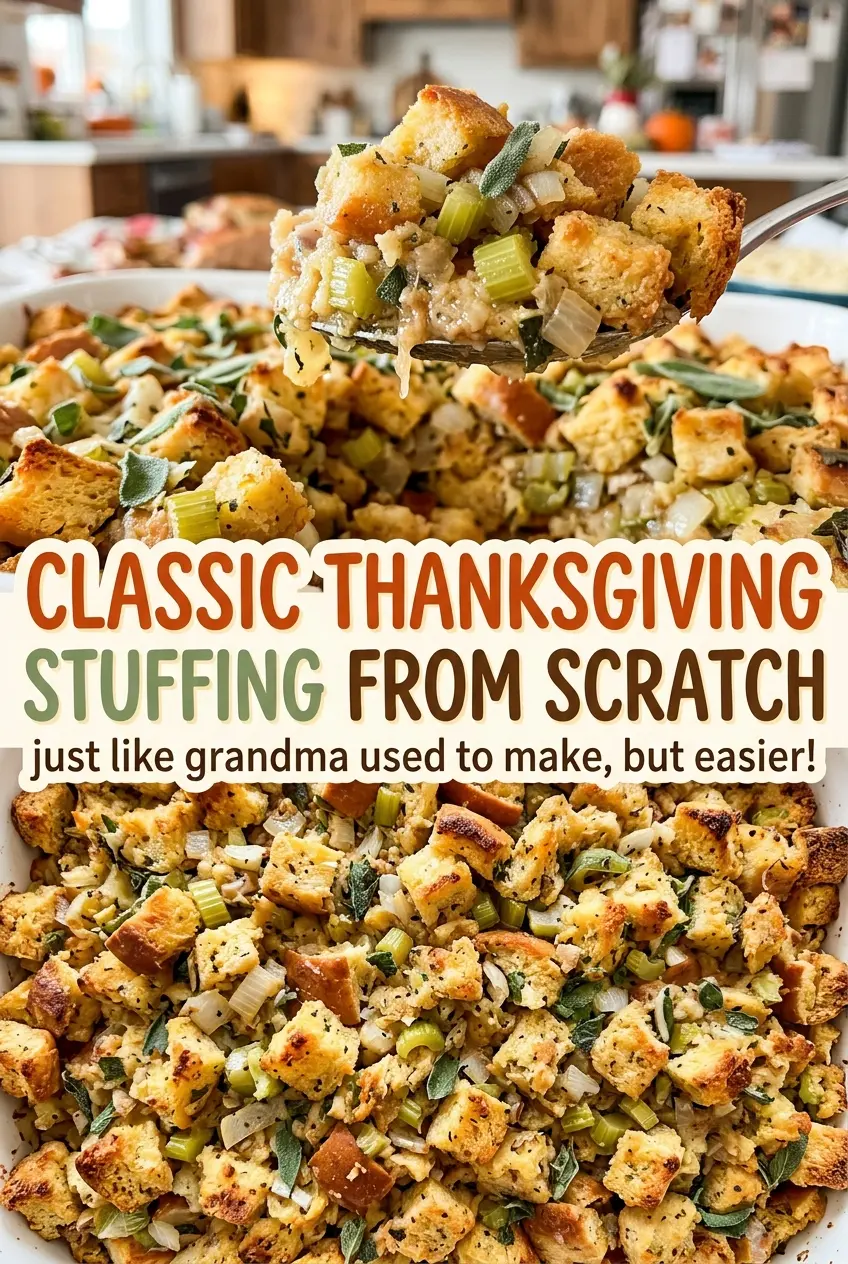 Classic Thanksgiving stuffing golden crisp top