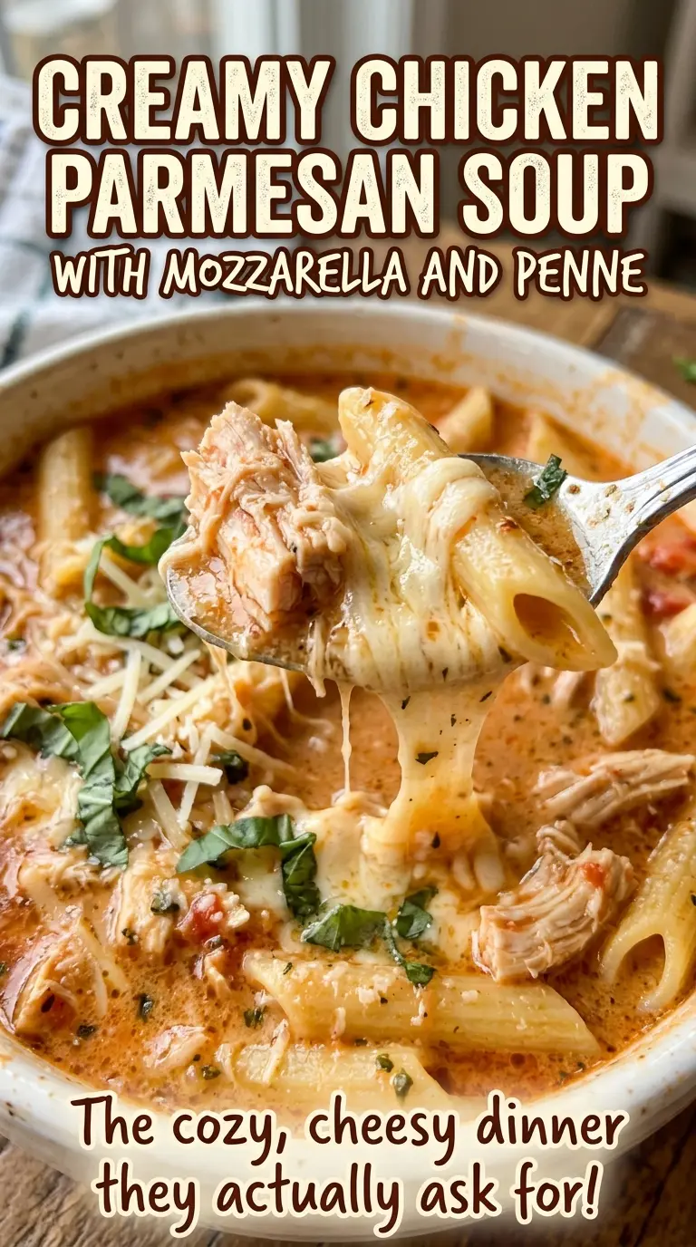 Creamy Chicken Parmesan Soup with Mozzarella and Penne, melty cheesy pasta