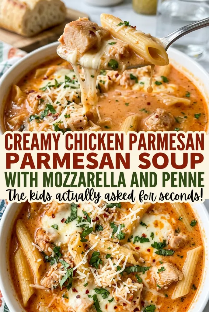 Creamy Chicken Parmesan Soup with Mozzarella and Penne