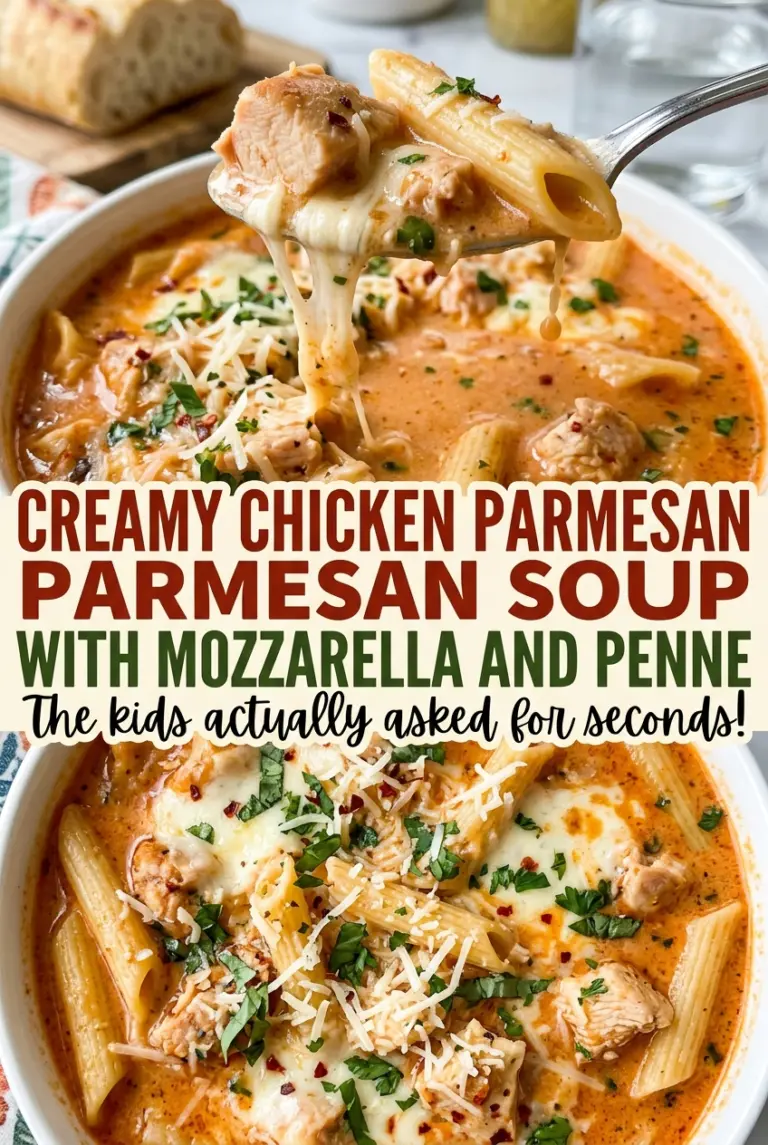 Creamy Chicken Parmesan Soup with Mozzarella and Penne