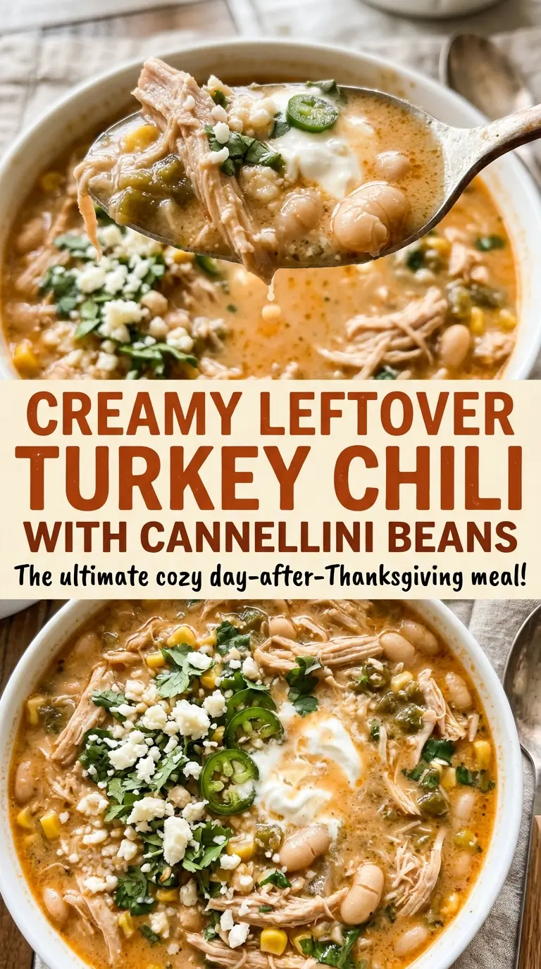 Creamy leftover turkey chili with cannellini beans, tender turkey and white beans
