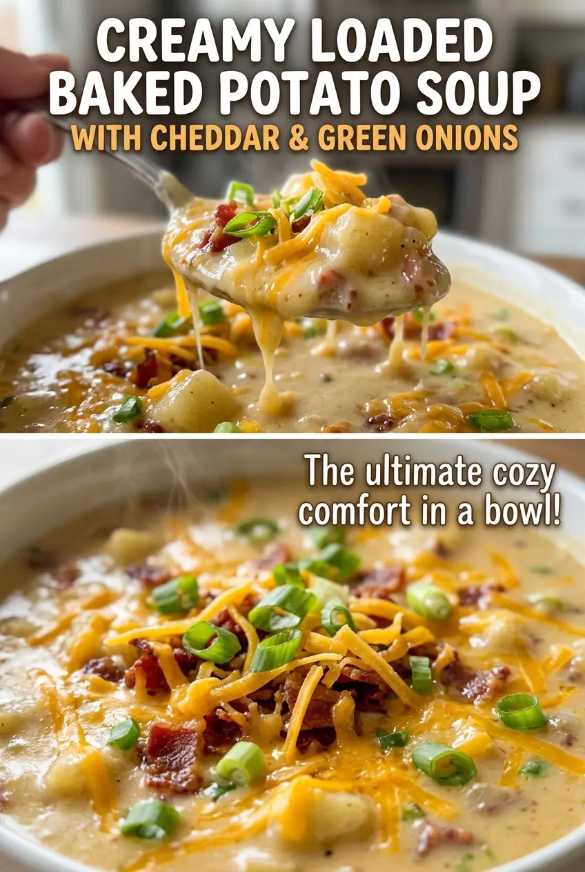 Creamy loaded baked potato soup with cheddar and green onions, thick and cozy