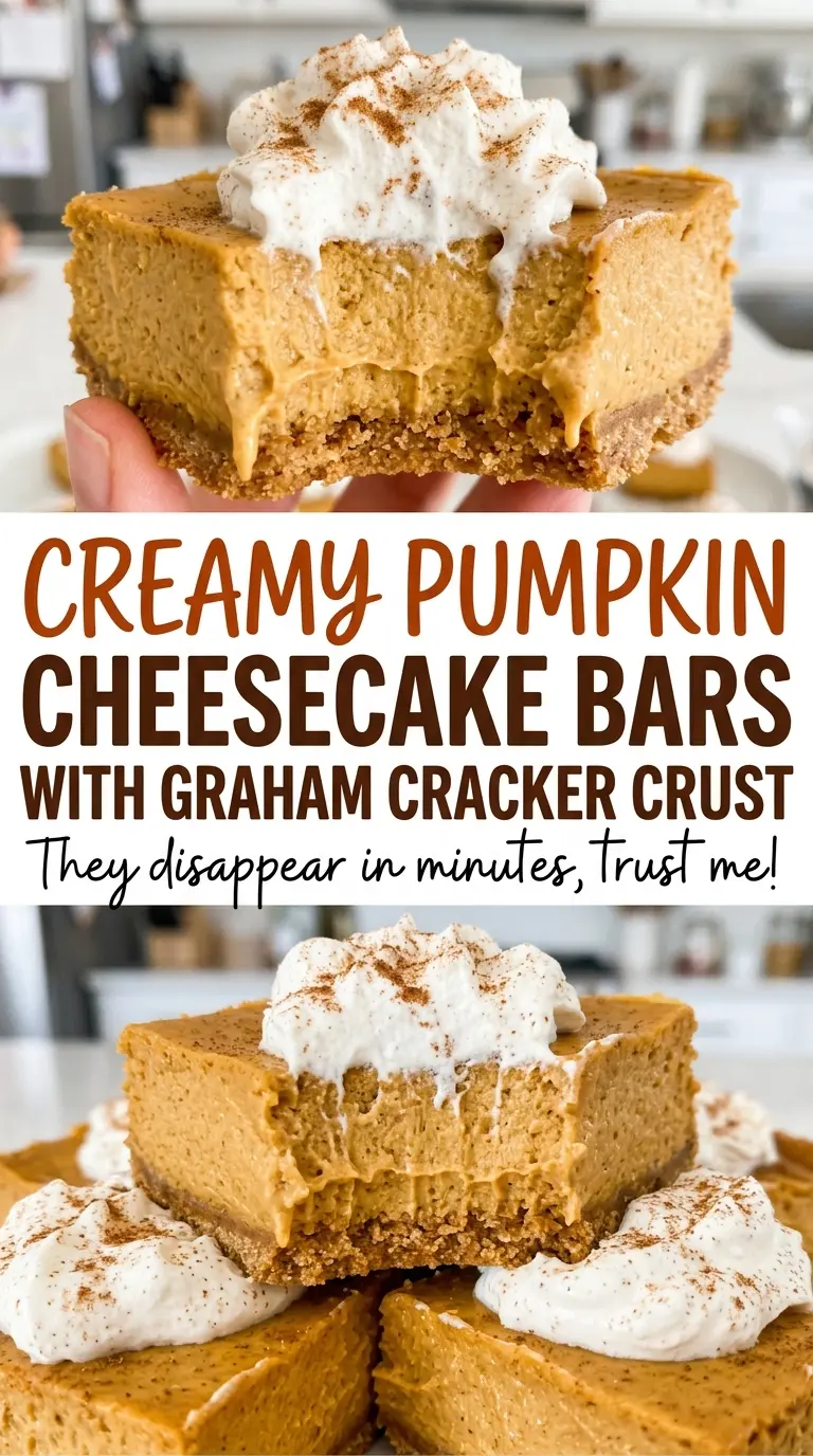 Creamy Pumpkin Cheesecake Bars with Graham Cracker Crust, smooth spiced squares