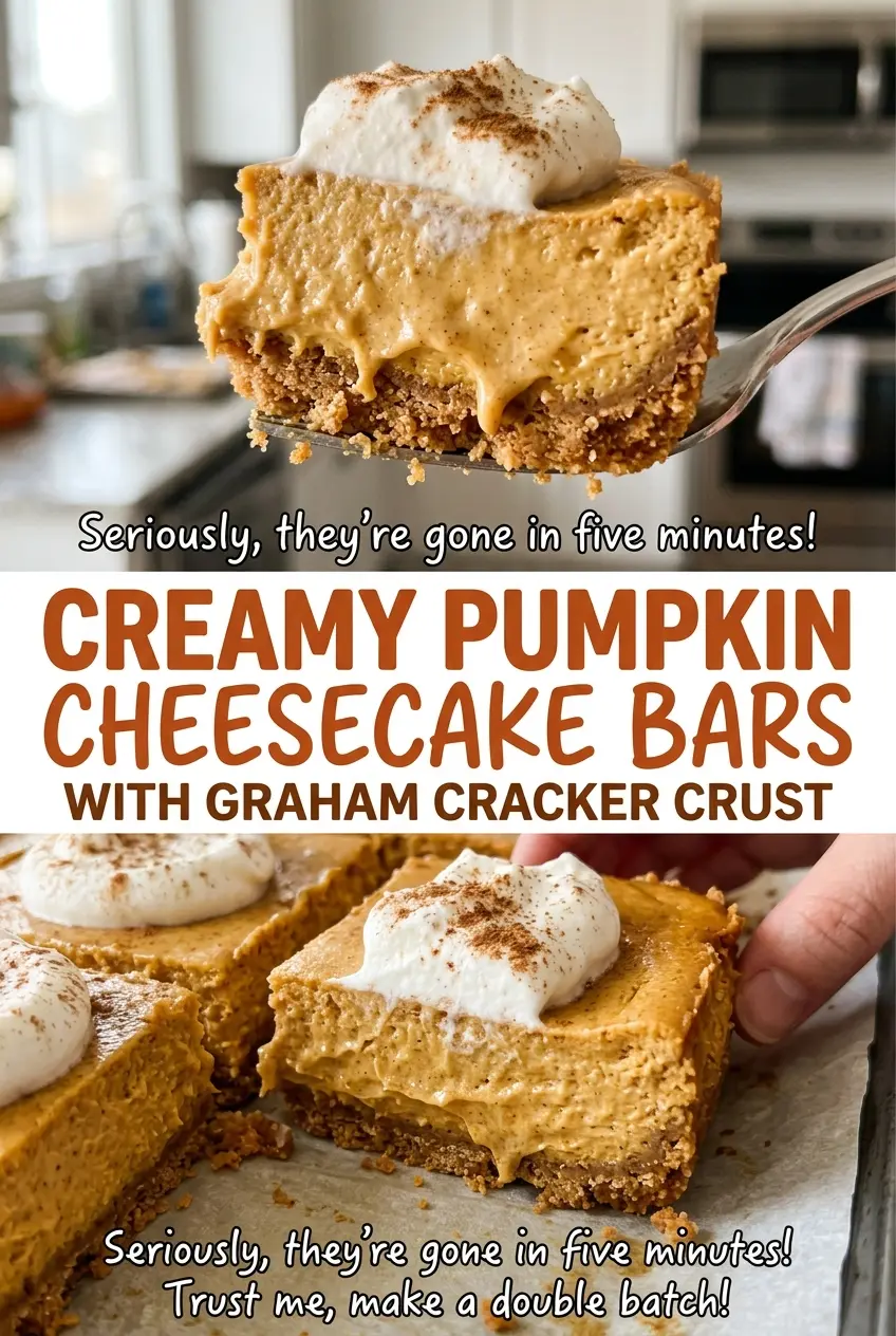 Creamy Pumpkin Cheesecake Bars with Graham Cracker Crust, spiced filling