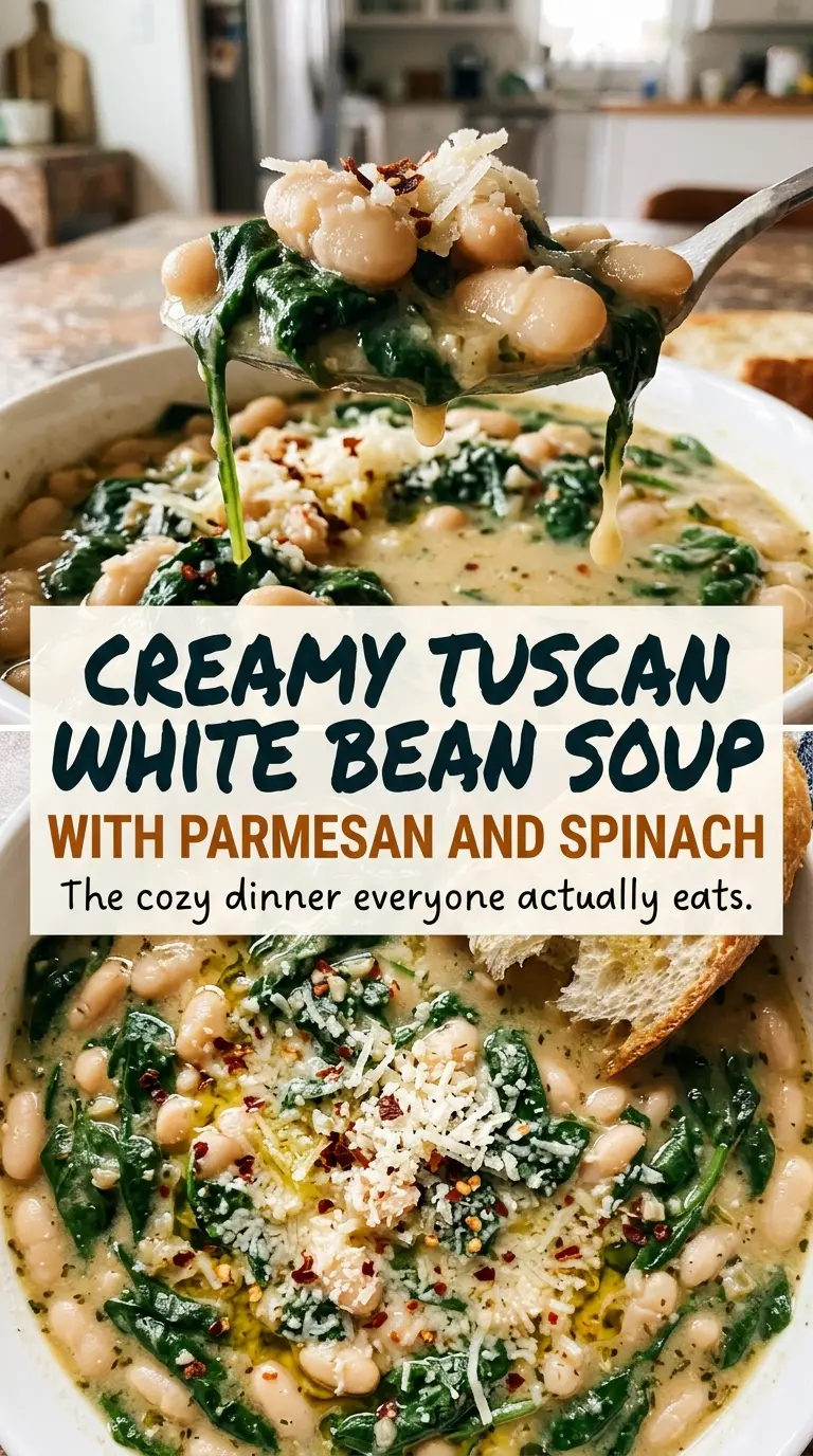 Creamy Tuscan white bean soup with Parmesan and spinach, rich and hearty