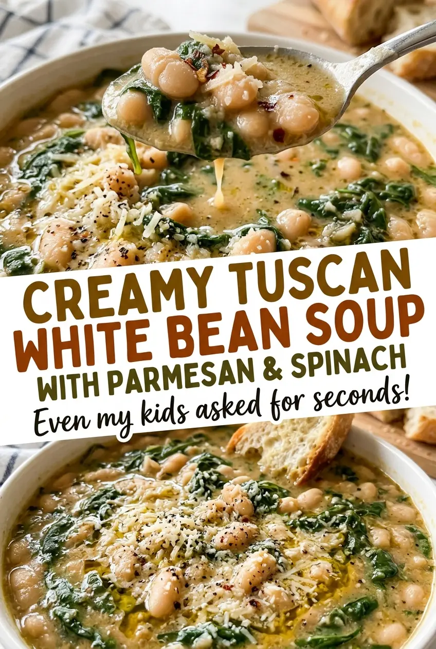 Creamy Tuscan White Bean Soup with Parmesan and Spinach, thick and comforting