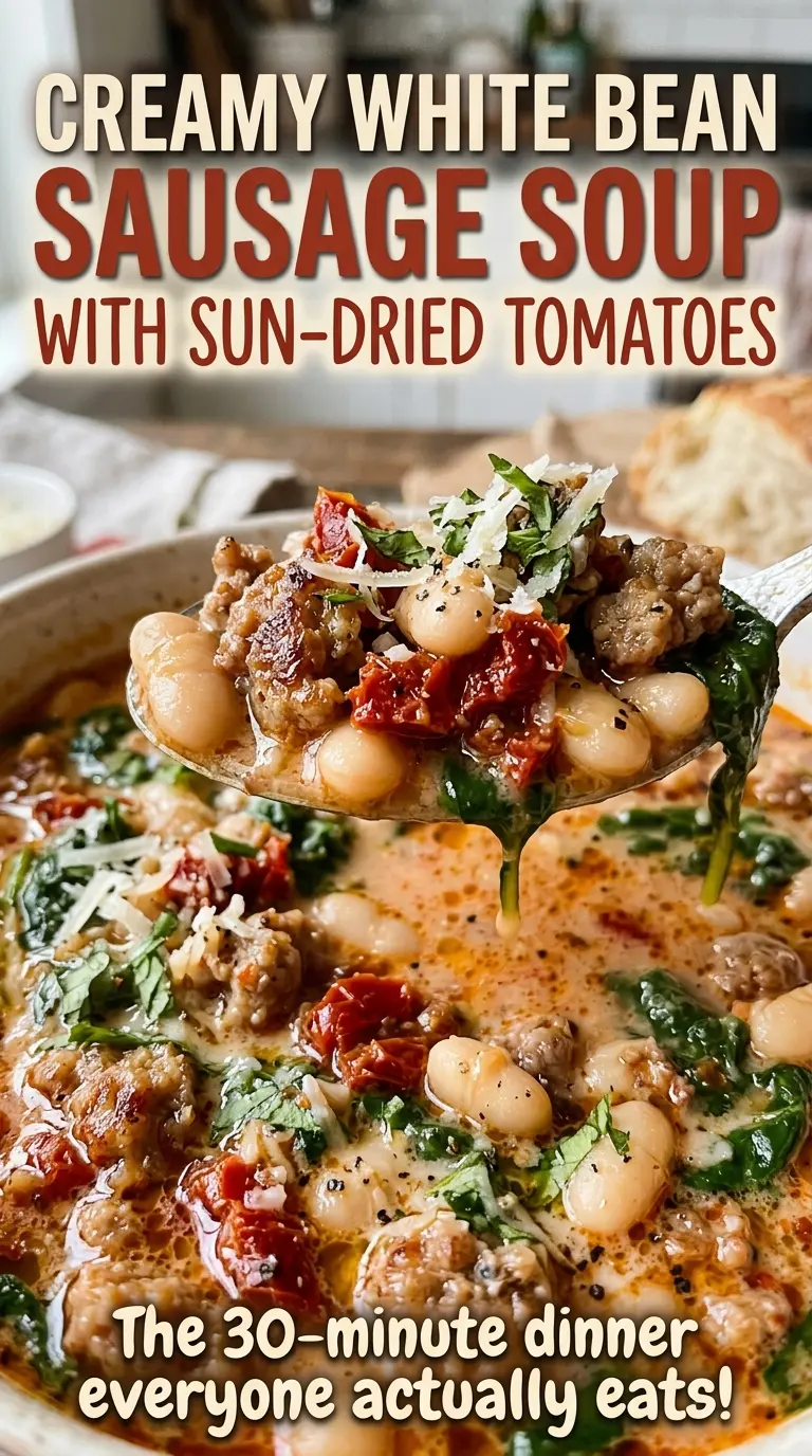 Creamy white bean sausage soup with sun-dried tomatoes, savory and hearty