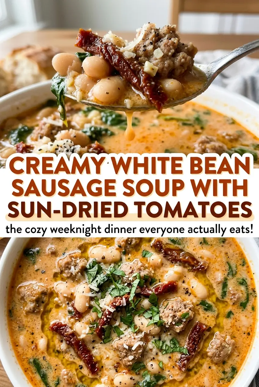 Creamy white bean sausage soup with sun-dried tomatoes, hearty and silky