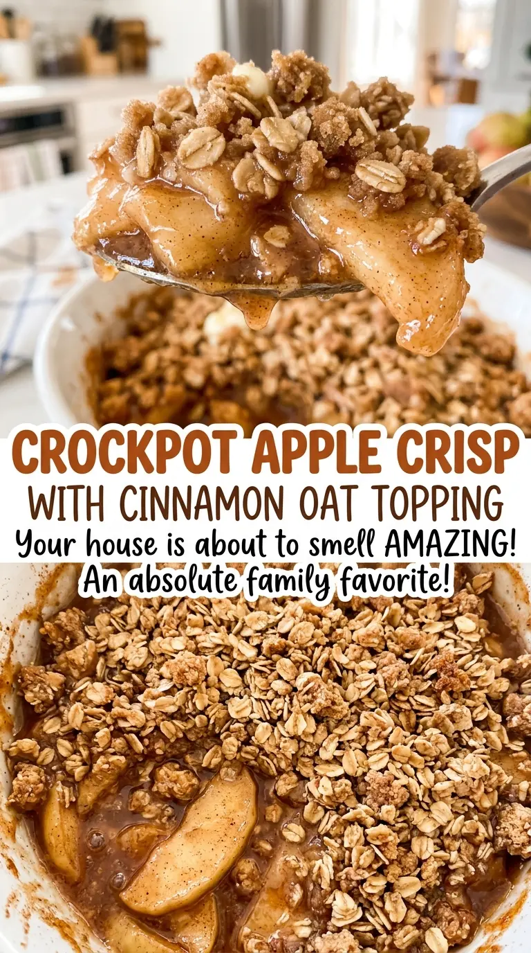 Crockpot Apple Crisp with Cinnamon Oat Topping, tender golden apples