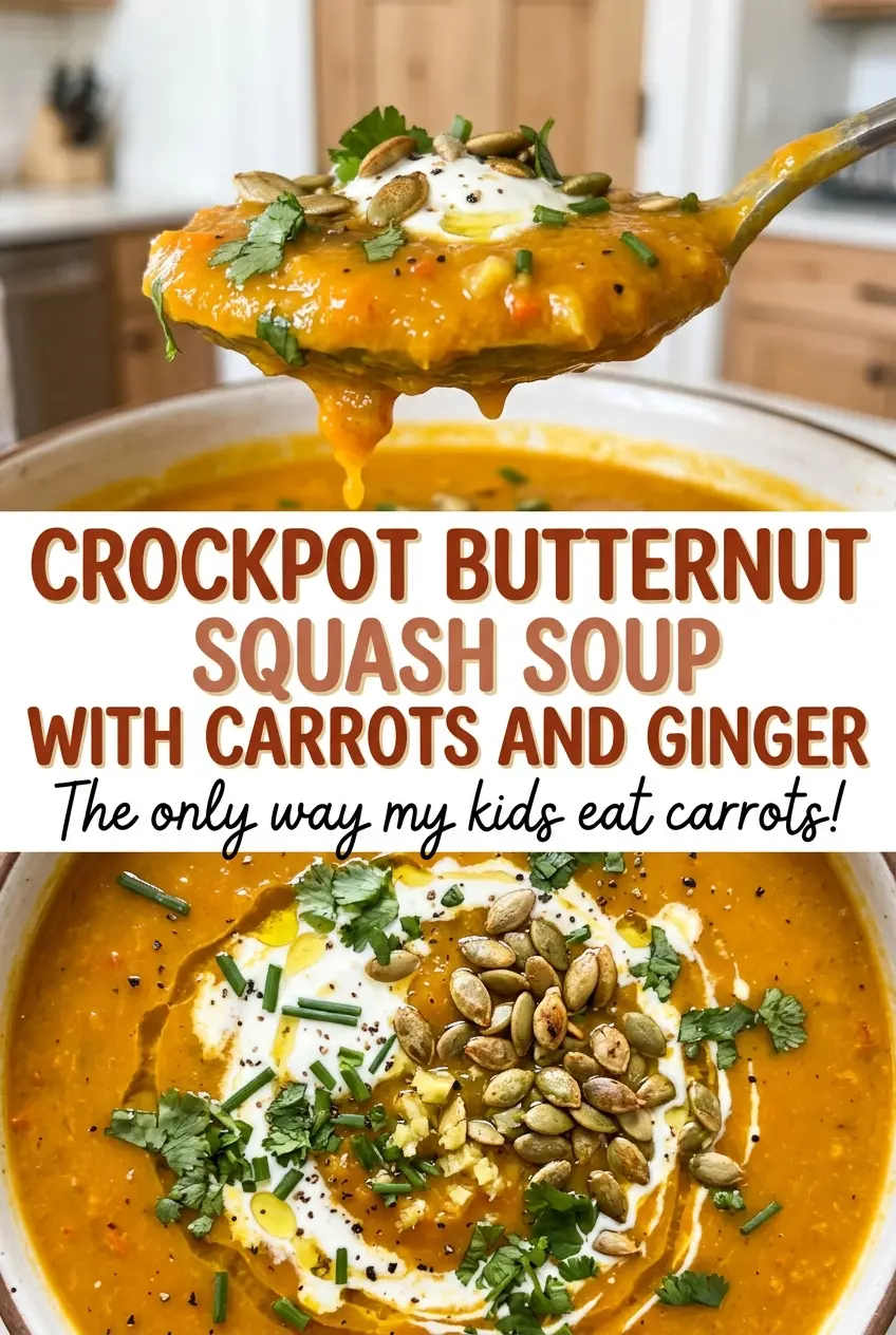 Crockpot butternut squash soup with carrots and ginger, smooth golden soup