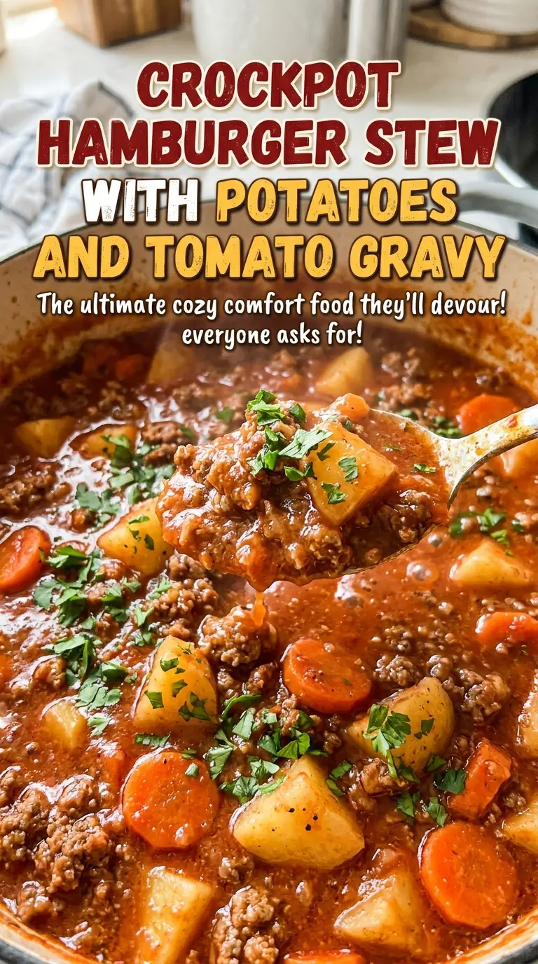 Crockpot hamburger stew with potatoes and tomato gravy, thick savory stew