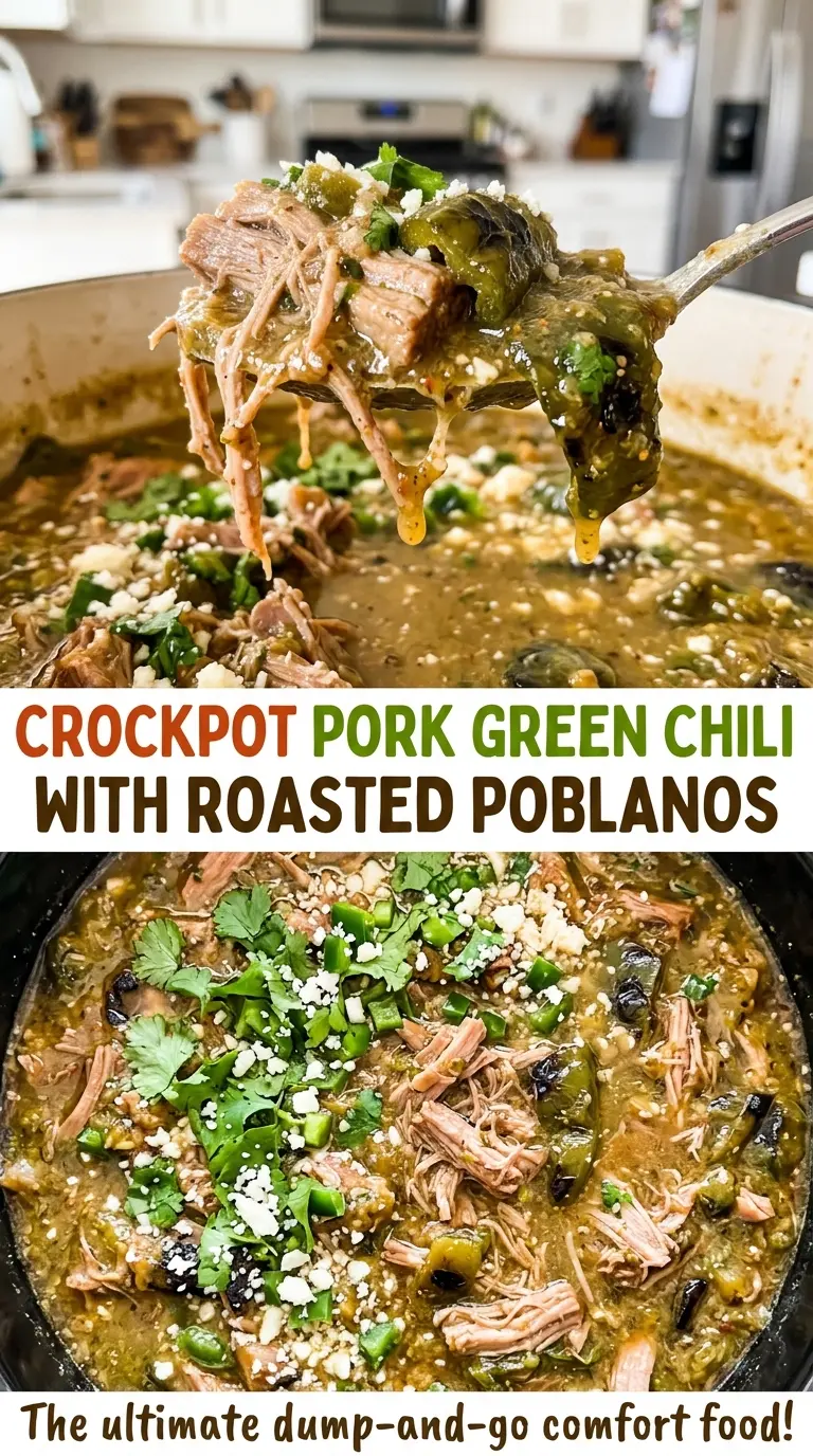 Crockpot Pork Green Chili with Roasted Poblanos, smoky tender pork