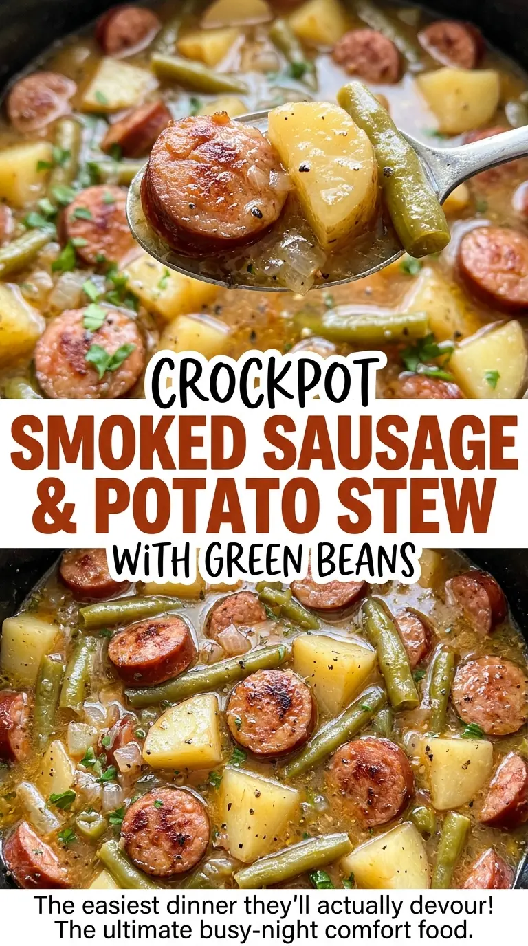 Crockpot smoked sausage and potato stew with green beans, hearty slow-cooked bowl