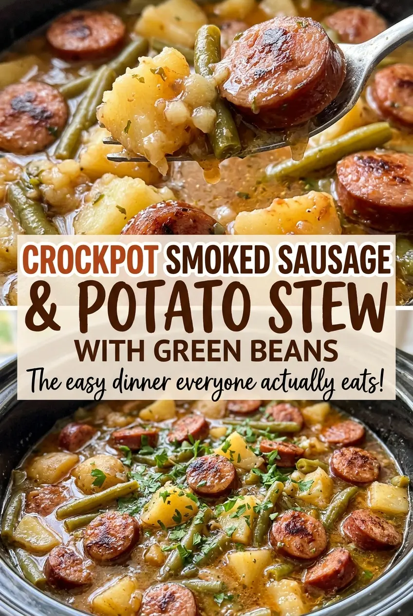 Crockpot smoked sausage and potato stew with green beans, hearty slow-cooked bowl
