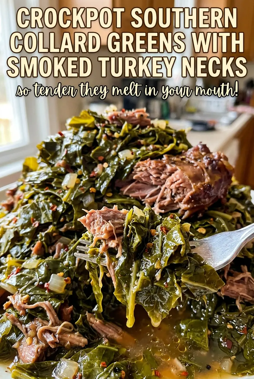 Crockpot Southern Collard Greens with Smoked Turkey Necks, tender and savory
