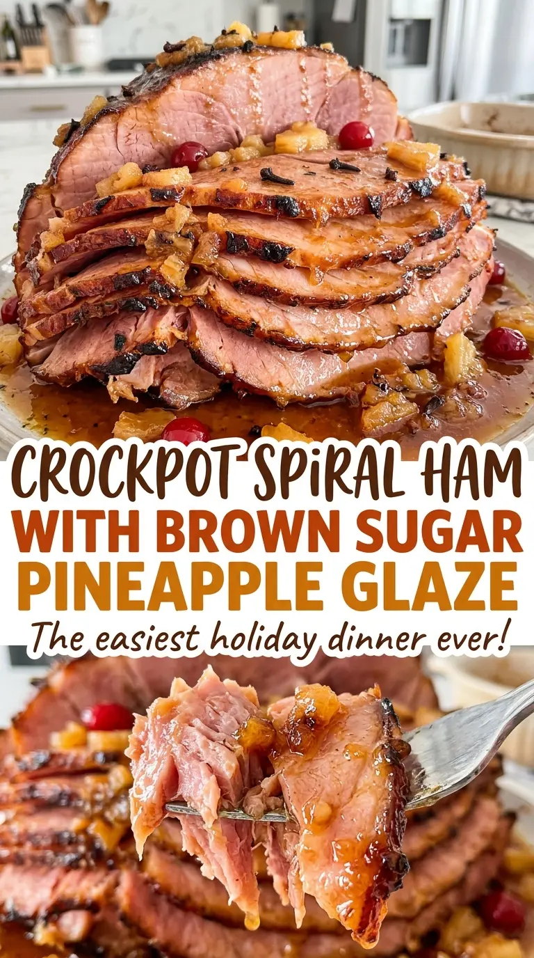 Crockpot Spiral Ham with Brown Sugar Pineapple Glaze, glossy golden slices