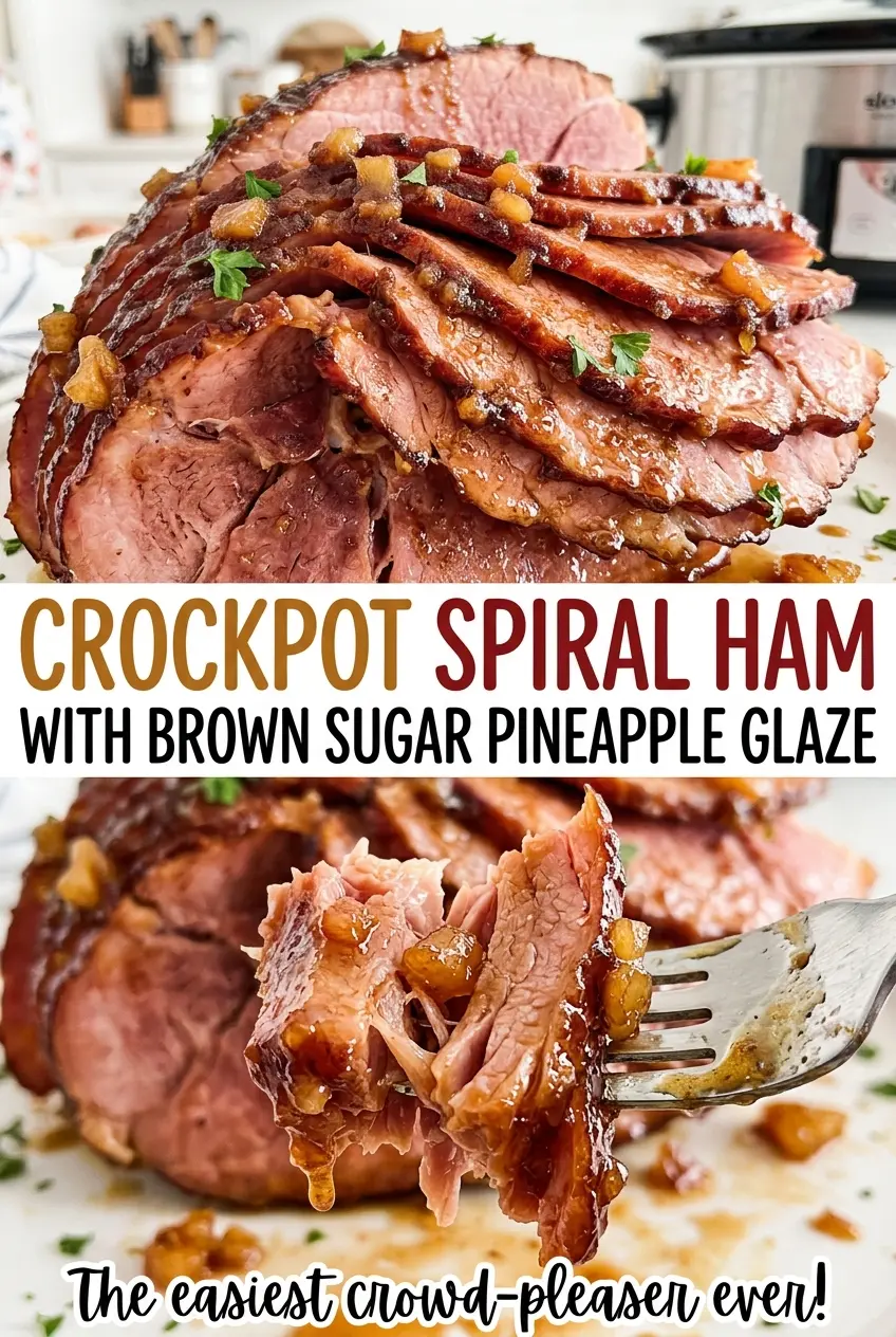 Crockpot Spiral Ham with Brown Sugar Pineapple Glaze, glossy sliced ham