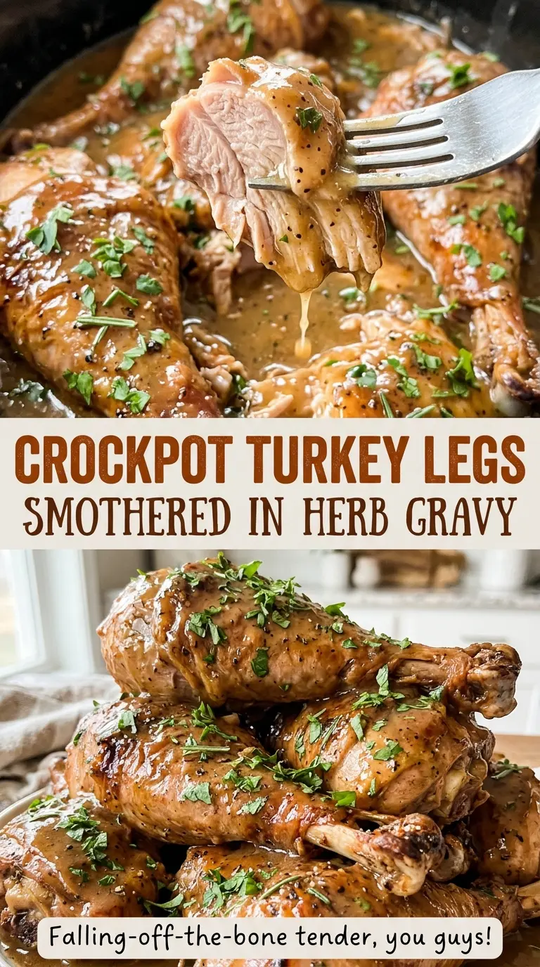 Crockpot turkey legs smothered in herb gravy, tender and savory