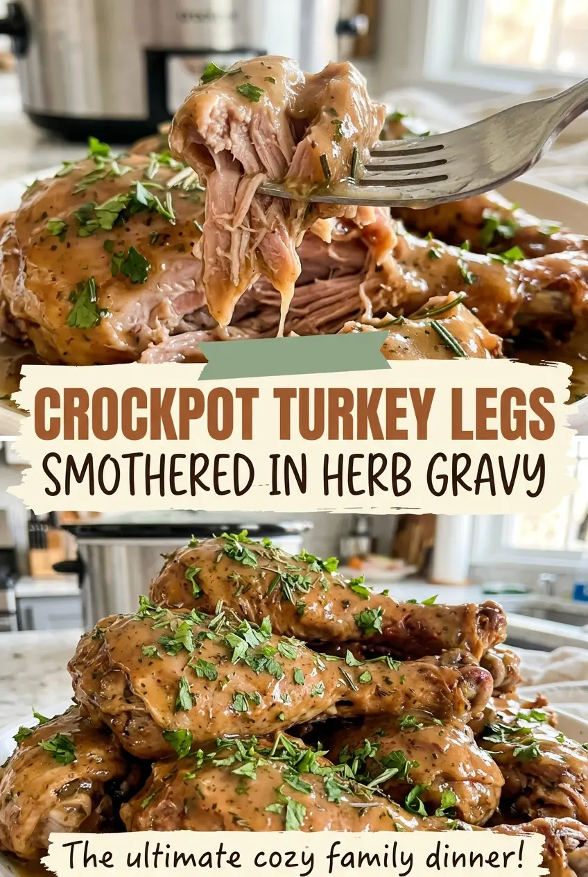 Crockpot turkey legs smothered in herb gravy, tender and savory