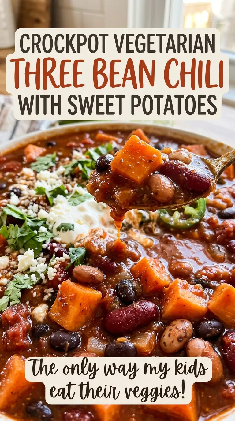 Crockpot Vegetarian Three Bean Chili with Sweet Potatoes colorful hearty bowl