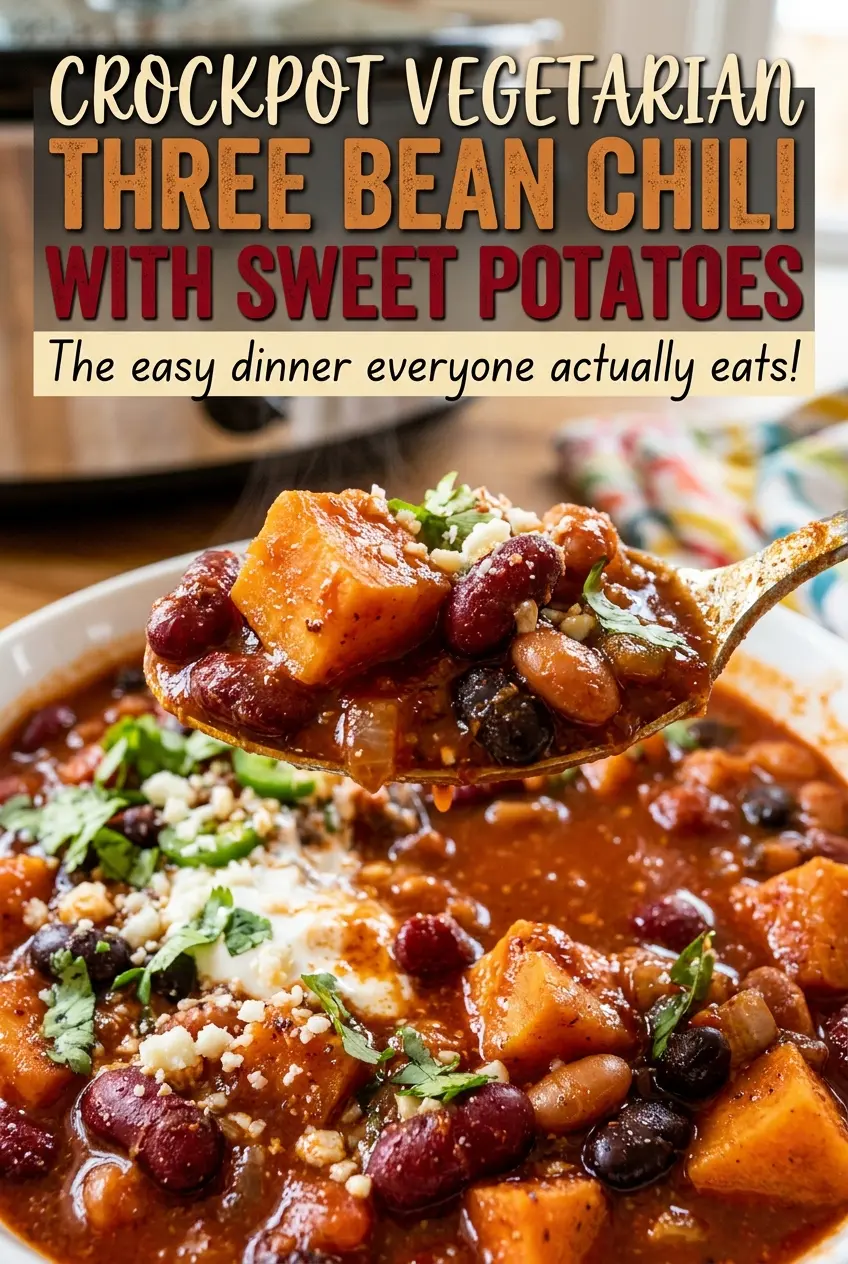 Crockpot Vegetarian Three Bean Chili with Sweet Potatoes hearty bean chili