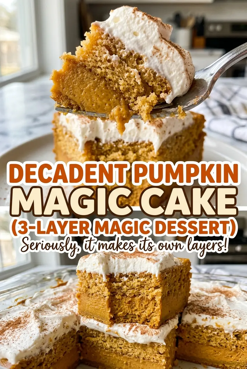 Decadent Pumpkin Magic Cake golden custard layers