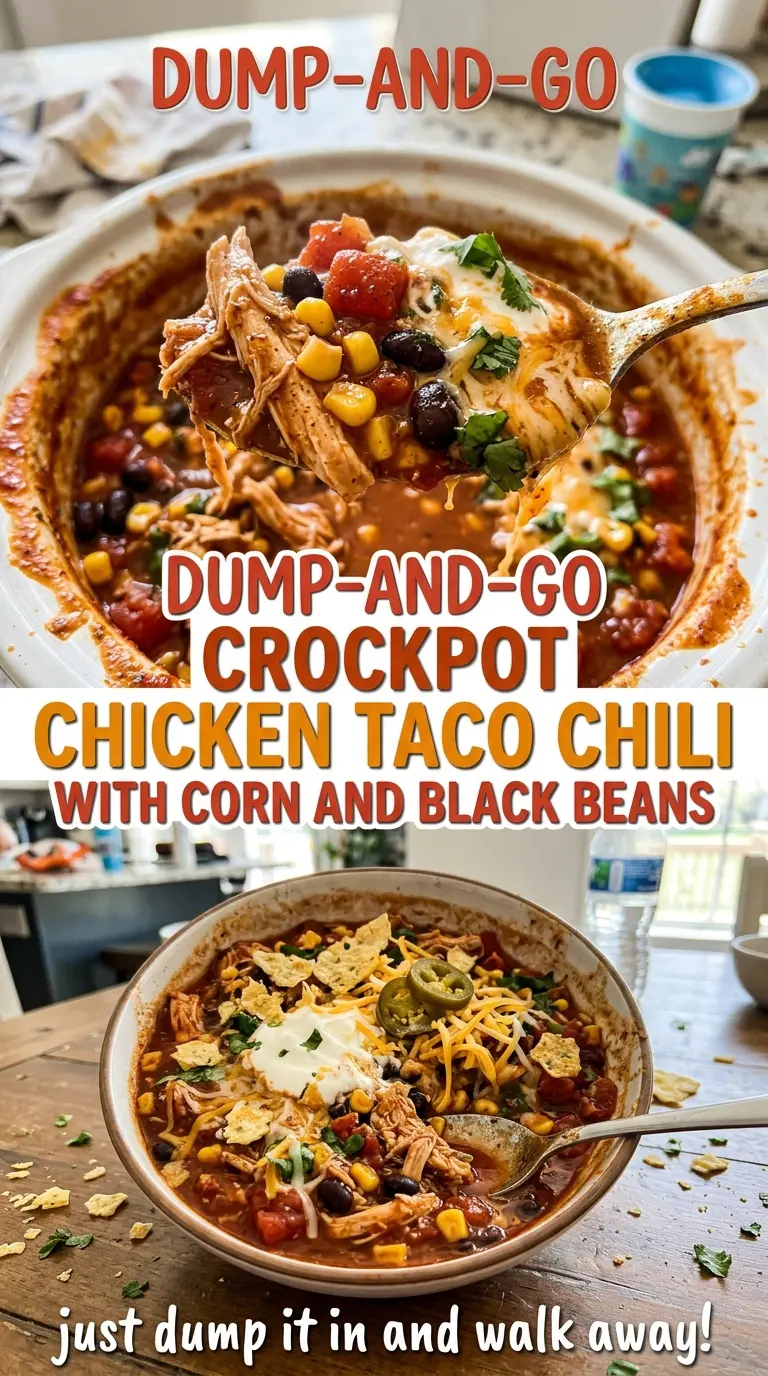Dump-and-Go Crockpot Chicken Taco Chili with Corn and Black Beans, hearty bean-filled bowl