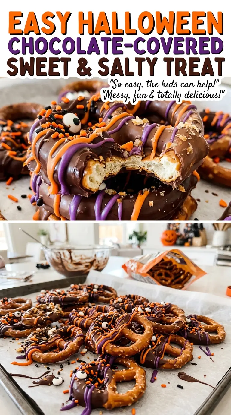 Easy Halloween Chocolate-Covered Pretzels, glossy sprinkled rods